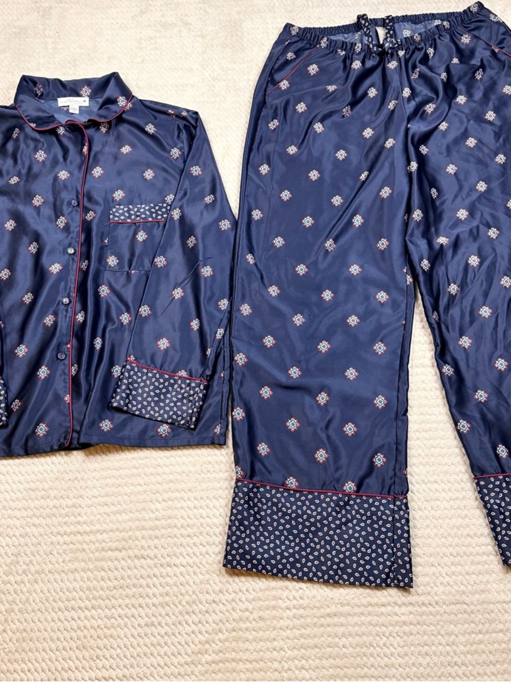 In Bloom Poly Satin Navy Two-Piece Women's Pajama Set with Printed Trim - Picture 11 of 11